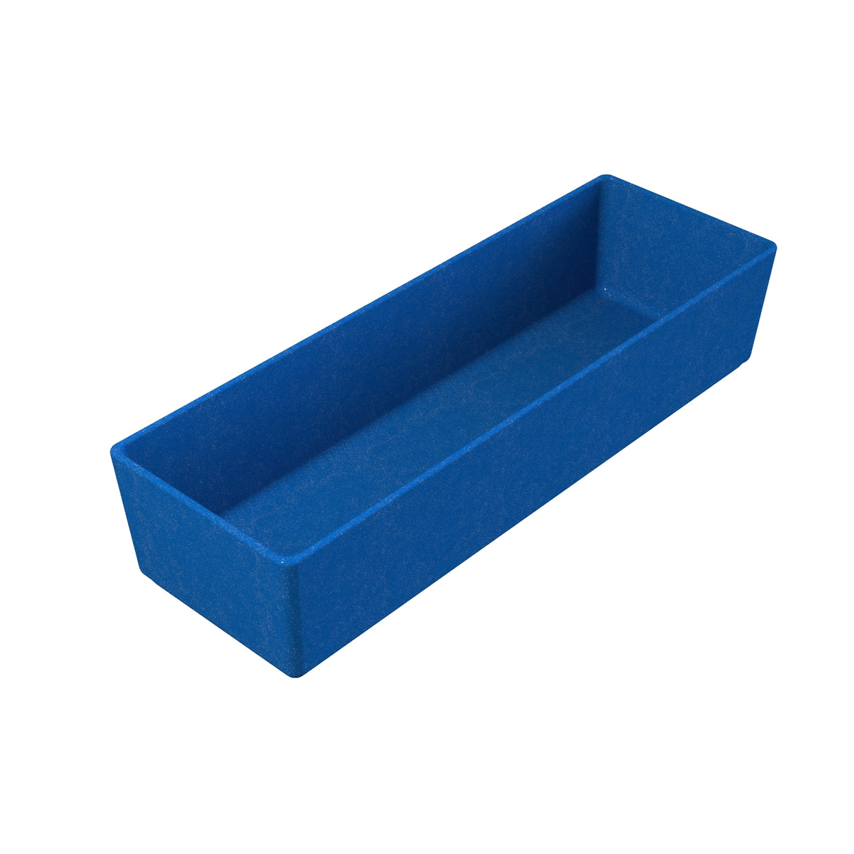 A rectangular, deep blue cast aluminum bowl with straight sides and sharp corners, shown on a white background. The tray appears to be empty and is ideal as a cold holding bowl for various uses.