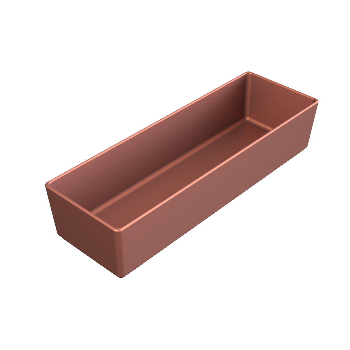 A rectangular, shallow, brown tray with smooth sides and sharp corners, shown at an angle on a white background. The tray appears to be made of plastic or metal, similar to a cast aluminum bowl, and is empty.