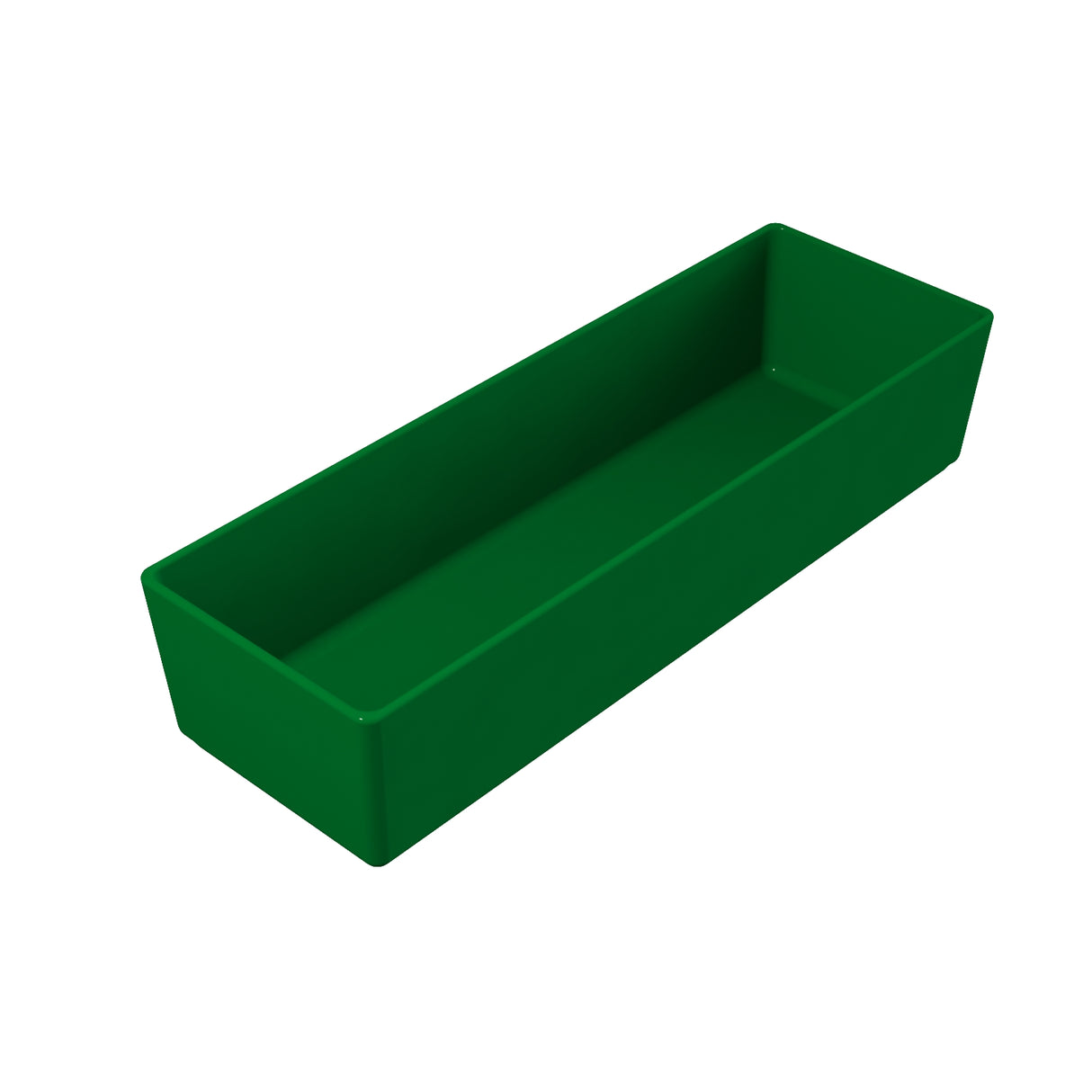 A rectangular, deep green plastic tray with straight sides and sharp corners. Dishwasher safe, the tray is empty and set against a plain white background, shown at an angle that displays both interior and exterior surfaces.