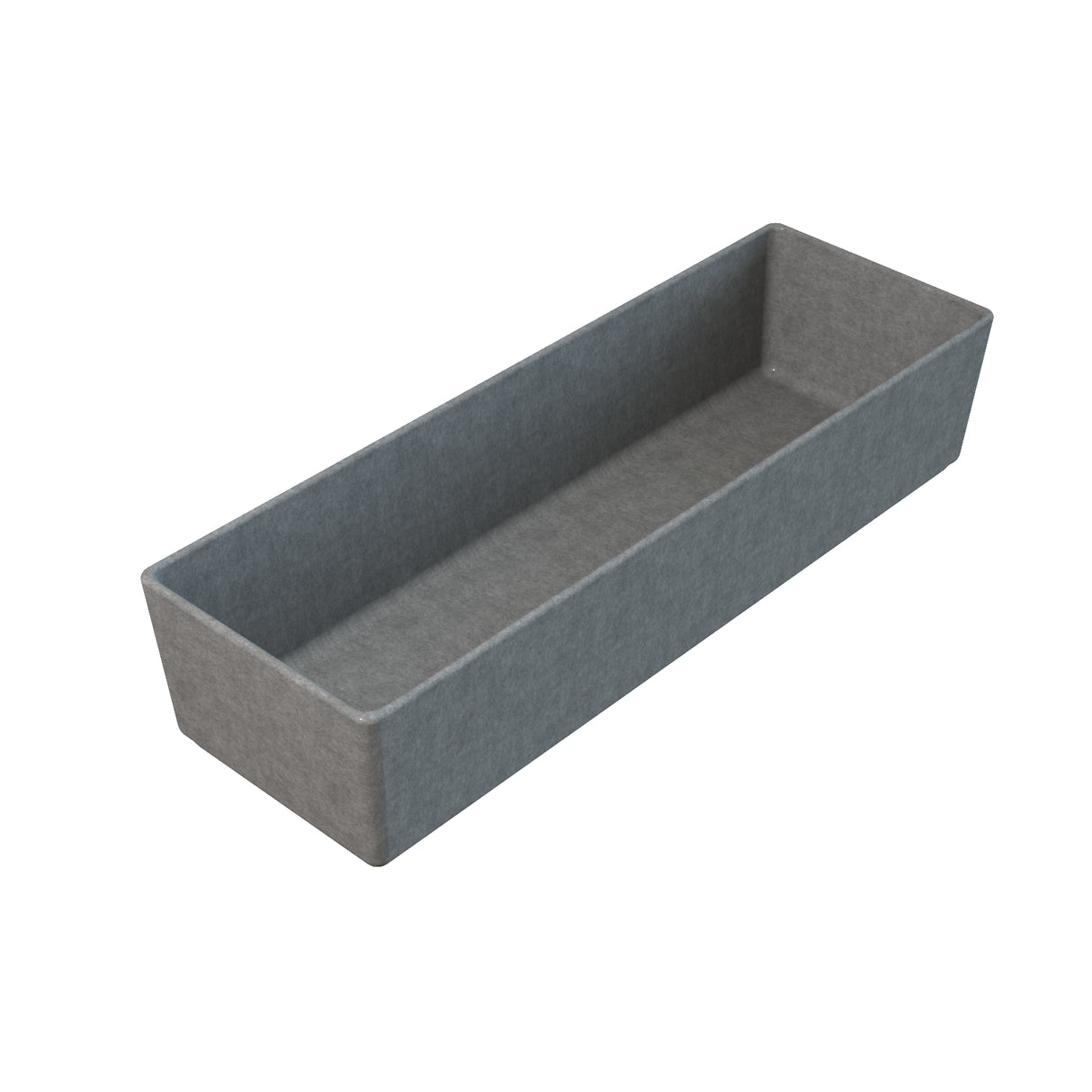 A rectangular, shallow tray made of gray felt material, featuring straight sides and rounded corners, is shown on a white background. This practical piece is dishwasher safe for easy cleaning.