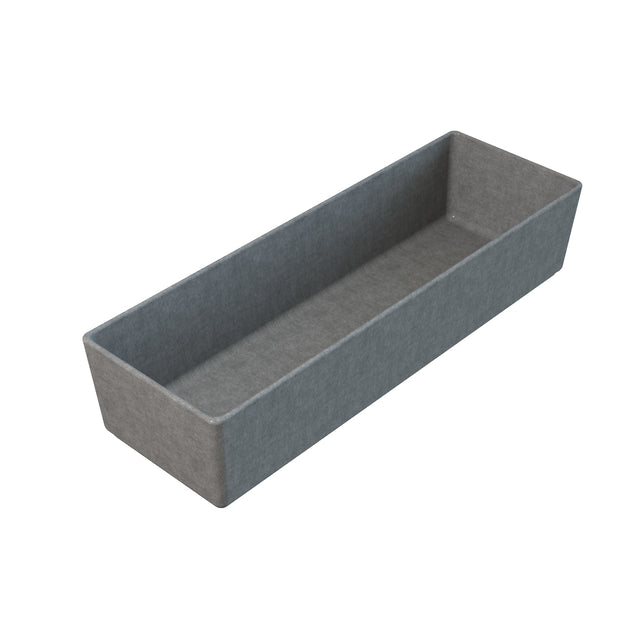 A rectangular, shallow tray made of gray felt material, featuring straight sides and rounded corners, is shown on a white background. This practical piece is dishwasher safe for easy cleaning.