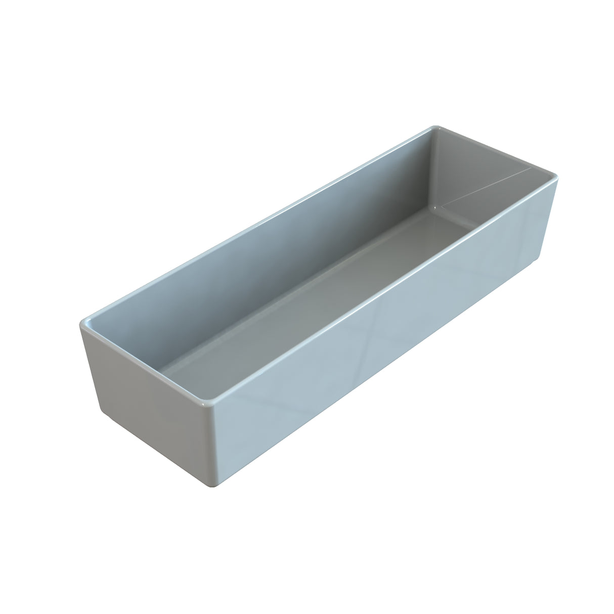 A rectangular, shallow, gray plastic tray with smooth sides and slightly rounded edges, photographed on a white background. This minimalist cold holding bowl is empty and perfect for modern kitchens.
