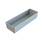 A rectangular, shallow, gray plastic tray with smooth sides and slightly rounded edges, photographed on a white background. This minimalist cold holding bowl is empty and perfect for modern kitchens.