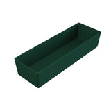 A dark green rectangular plastic tray with straight sides and sharp corners, shown at an angle against a white background. The empty tray has a smooth, matte finish, ideal for pairing with an NSF dishwasher safe bowl for easy cleanup.