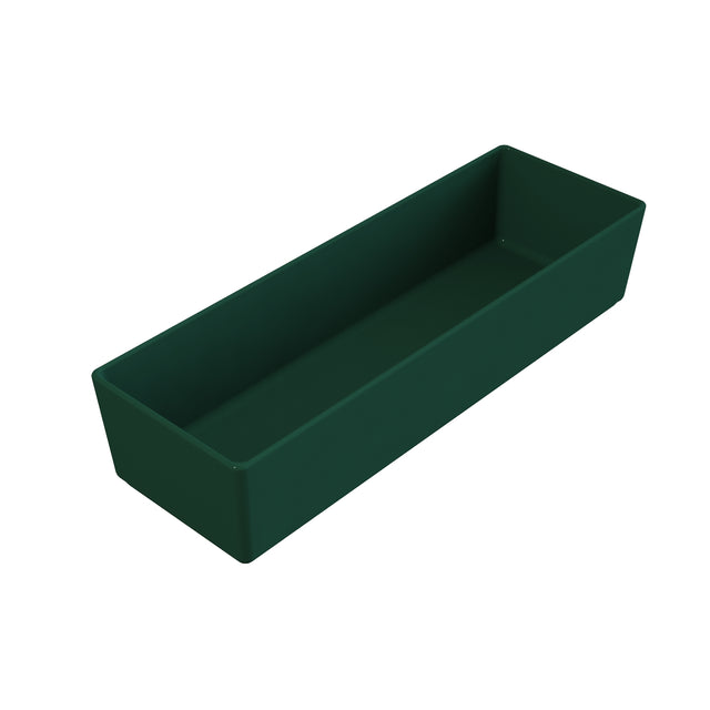 A dark green rectangular plastic tray with straight sides and sharp corners, shown at an angle against a white background. The empty tray has a smooth, matte finish, ideal for pairing with an NSF dishwasher safe bowl for easy cleanup.