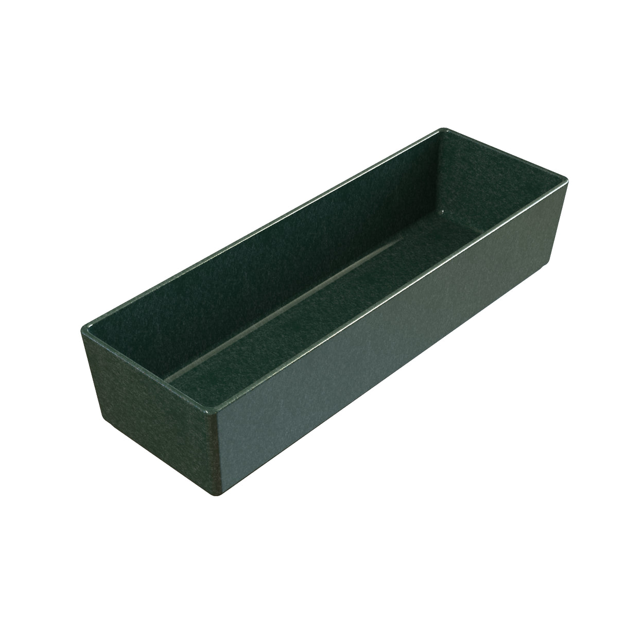 A dark green, rectangular, open-top tray with straight sides and a smooth surface. This cold holding bowl is empty and photographed against a white background, angled to show its depth and interior.
