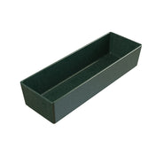 A dark green, rectangular, open-top tray with straight sides and a smooth surface. This cold holding bowl is empty and photographed against a white background, angled to show its depth and interior.