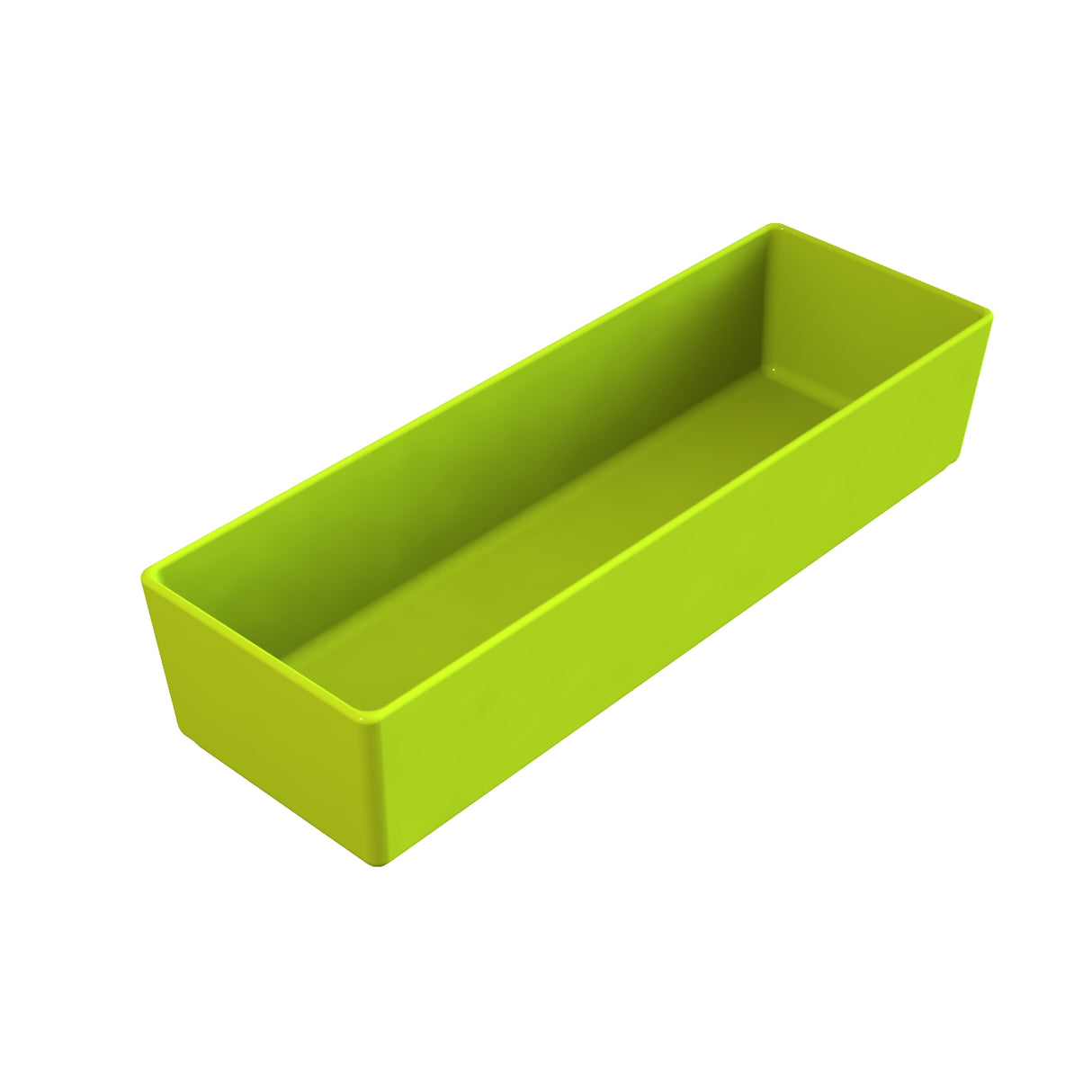 A rectangular, bright green plastic container with straight sides and no lid is shown on a white background. The empty interior suggests it’s suitable for storage, organizing items, or even as a cold holding bowl for serving chilled foods.