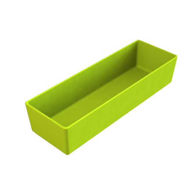 A rectangular, bright green plastic container with straight sides and no lid is shown on a white background. The empty interior suggests it’s suitable for storage, organizing items, or even as a cold holding bowl for serving chilled foods.