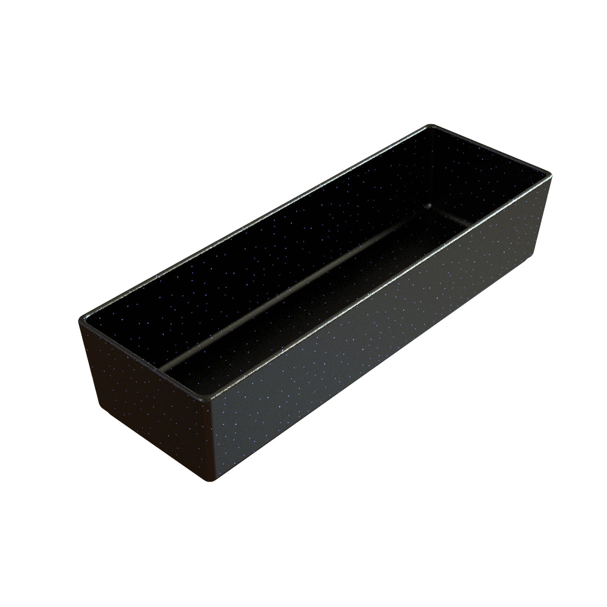 Rectangular, deep black tray with straight sides and a glossy finish, decorated with small white speckles. Made from dishwasher safe material, the tray is empty and set against a plain white background.