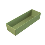 A rectangular, green plastic cold holding container with smooth sides and an open top, displayed on a white background. The container appears empty and is viewed from a slightly elevated angle, showing its depth and clean inner surfaces.