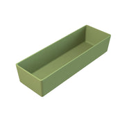 A rectangular, green plastic cold holding container with smooth sides and an open top, displayed on a white background. The container appears empty and is viewed from a slightly elevated angle, showing its depth and clean inner surfaces.