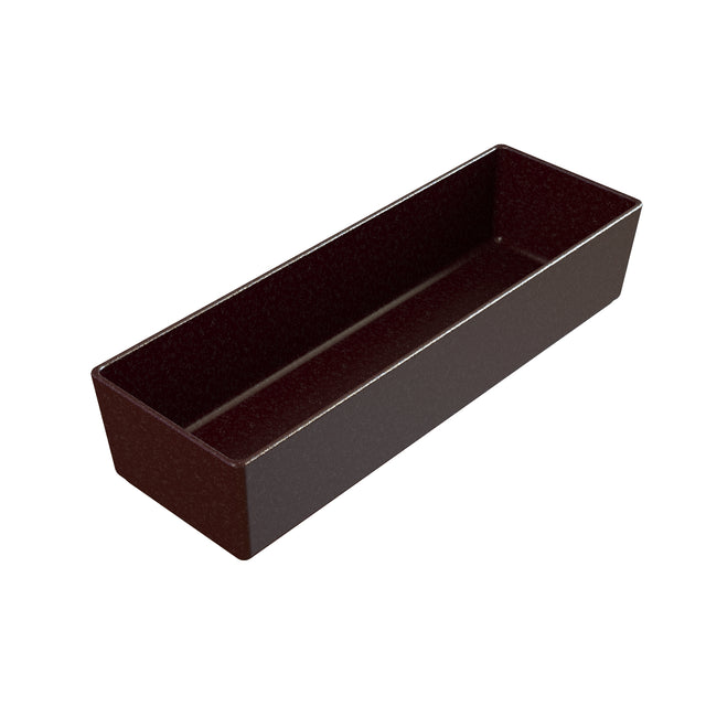 A rectangular, deep, dark brown plastic tray with straight sides and sharp corners, shown on a white background. The tray has a smooth surface and no visible handles or decorative elements and can be used as a cold holding bowl.