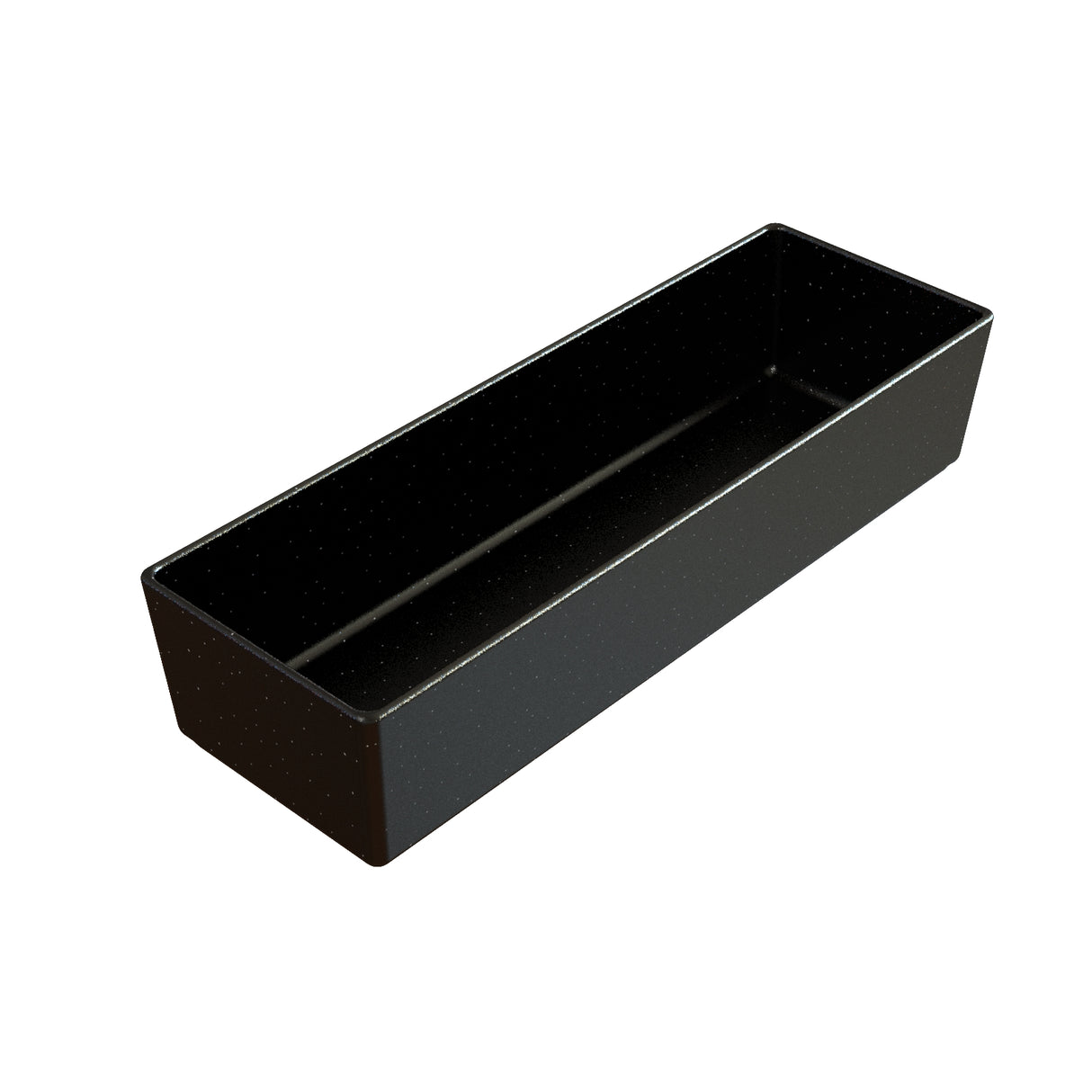 A rectangular, deep cast aluminum bowl with straight sides and sharp corners, seen from an angled overhead view. The smooth surface features subtle white speckles. The minimalist cold holding bowl is empty and dishwasher safe.