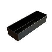 A rectangular, deep cast aluminum bowl with straight sides and sharp corners, seen from an angled overhead view. The smooth surface features subtle white speckles. The minimalist cold holding bowl is empty and dishwasher safe.