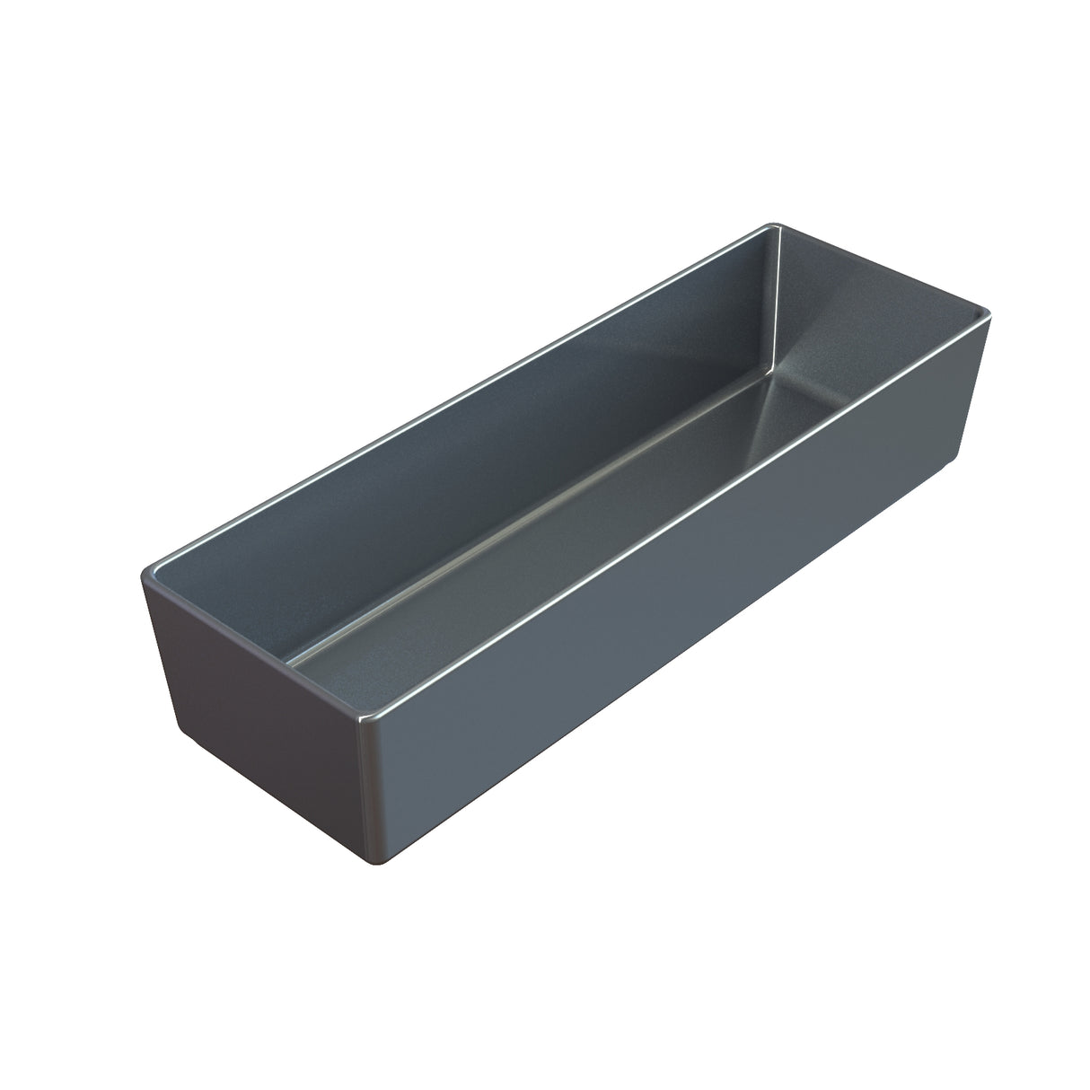 A rectangular, metallic, deep loaf pan with smooth, straight sides and a shiny surface is shown on a white background. Reminiscent of an NSF rectangular bowl, the pan is empty and has slightly rounded corners inside.