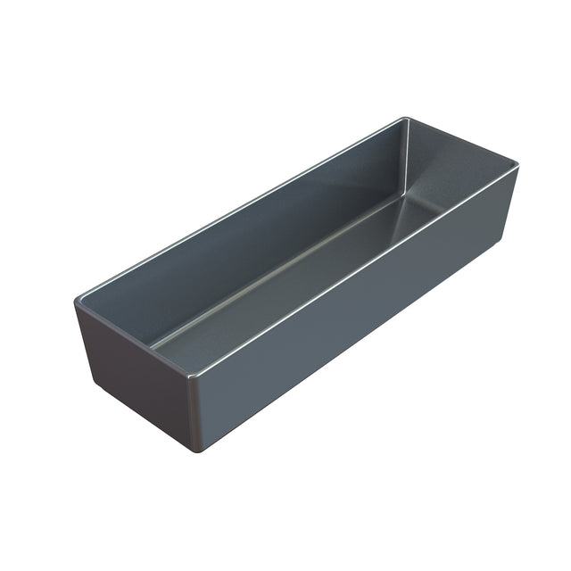 A rectangular, metallic, deep loaf pan with smooth, straight sides and a shiny surface is shown on a white background. Reminiscent of an NSF rectangular bowl, the pan is empty and has slightly rounded corners inside.
