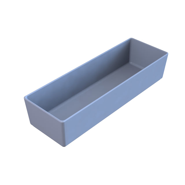 A rectangular, light gray plastic cold holding container with smooth sides and no lid, viewed from an angle that shows its open top and hollow interior against a white background.