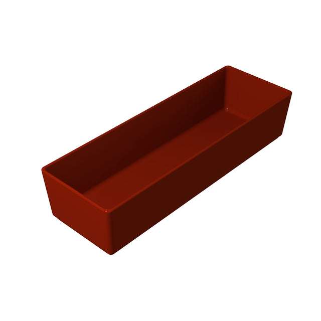 A 3D-rendered image of a rectangular, deep, open-top cast aluminum bowl in solid dark red color, viewed at an angle from above. The cold holding bowl has straight sides and sits on a plain white background.