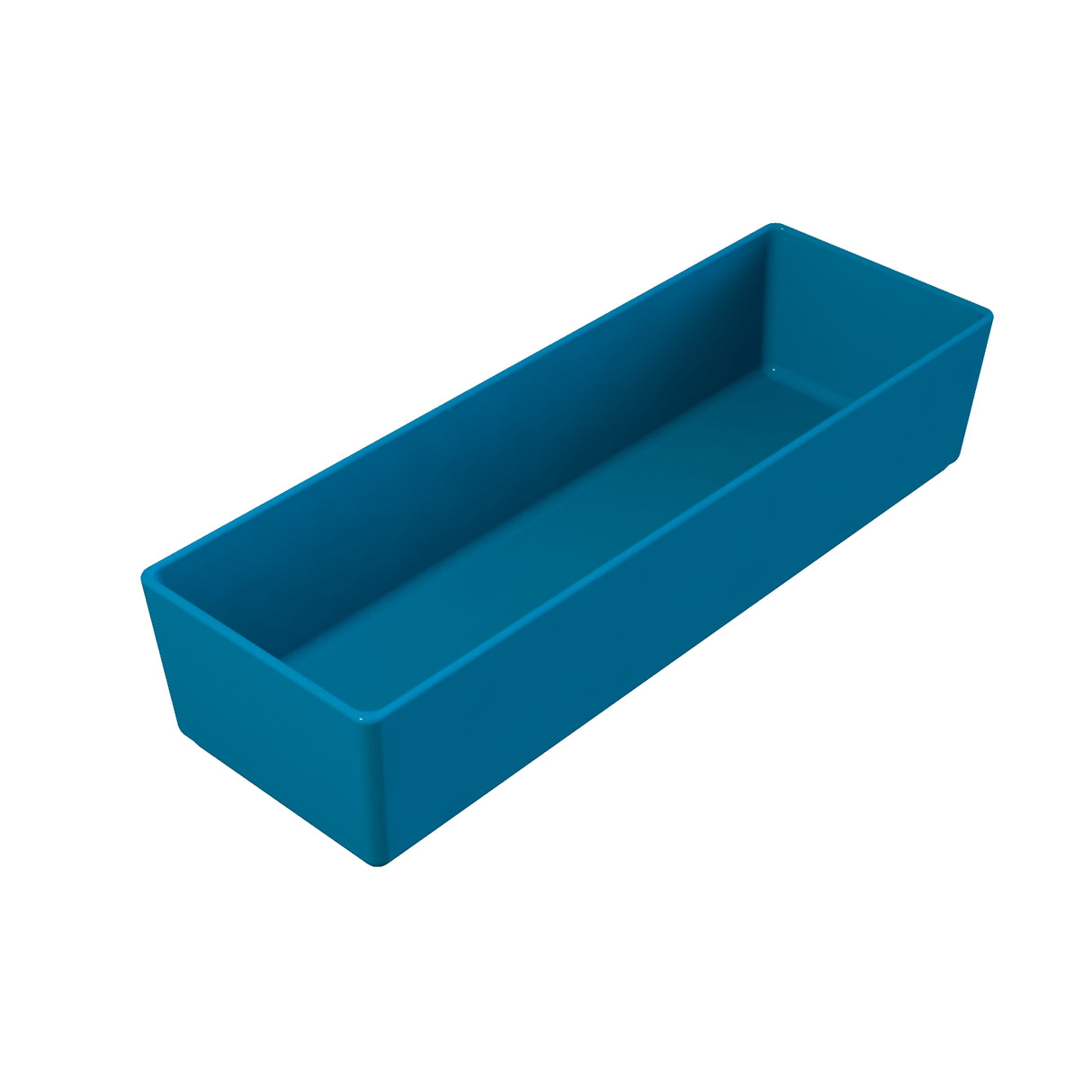 A rectangular, deep blue cold holding bowl with straight sides and slightly rounded corners, viewed from above. Made from Duracoat coated cast aluminum, this dishwasher safe container sits on a plain white background with no visible markings.