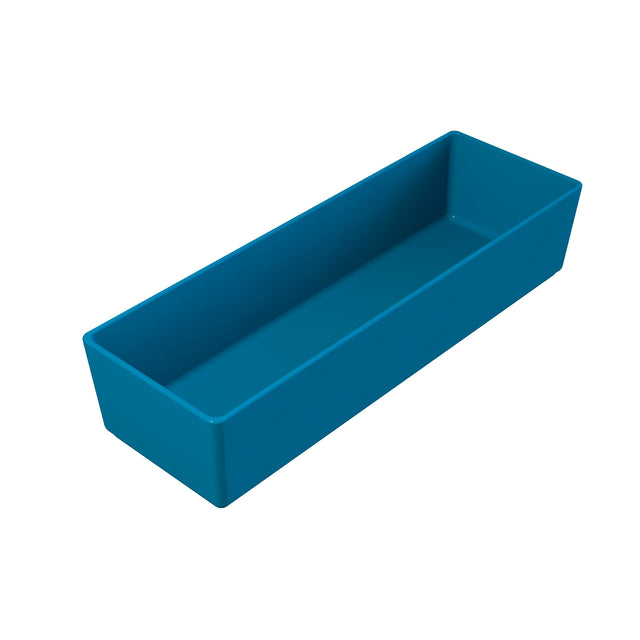 A rectangular, deep blue cold holding bowl with straight sides and slightly rounded corners, viewed from above. Made from Duracoat coated cast aluminum, this dishwasher safe container sits on a plain white background with no visible markings.