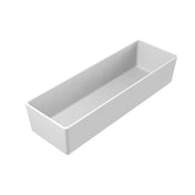 A white, rectangular, open-top cast aluminum bowl with smooth edges and straight sides sits on a plain white background. The container appears empty and is ideal for use as a dishwasher safe bowl.