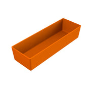 A rectangular orange plastic container with straight sides and an open top, shown at an angle on a white background. Like a cold holding bowl, it is designed for practical use and is easy to clean, being dishwasher safe. No handles or lid are visible.