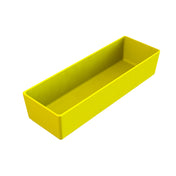 A bright yellow, rectangular plastic tray with straight sides and an open top is shown on a white background. The tray is empty, has a smooth, glossy finish, and works well for organizing small items or as a dishwasher safe bowl substitute.