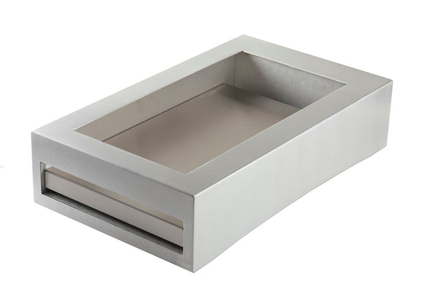 A rectangular, metallic TableCraft stainless steel box with a hollow, recessed top and a horizontal slot on one of the short sides. This full size Cooling Station features smooth edges, a brushed finish, and a modern industrial design.