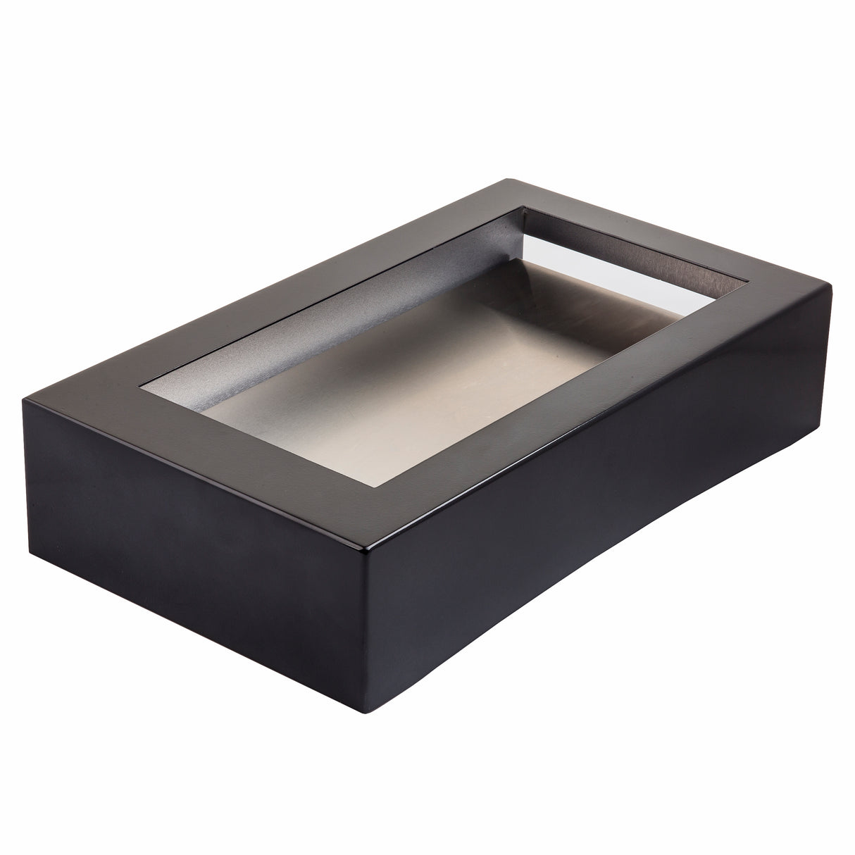 A rectangular black tissue box cover with a glossy finish designed for full size tissues. It features a large horizontal opening on top, clean modern lines, smooth surfaces, and an inner area with a metallic or reflective look.