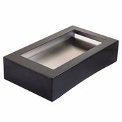 A rectangular black tissue box cover with a glossy finish designed for full size tissues. It features a large horizontal opening on top, clean modern lines, smooth surfaces, and an inner area with a metallic or reflective look.