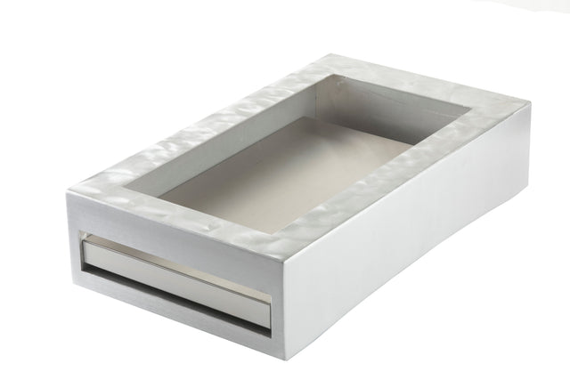 A rectangular, metallic box with a large open top and a thin horizontal slot on one side. This full size TableCraft cooling station features a smooth, matte silver finish, slightly rounded edges, and a hollow interior, resting on a white background.