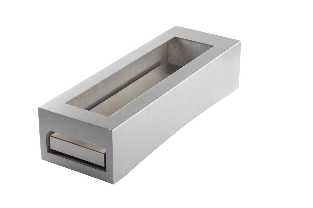 A rectangular stainless steel object with a hollow center and a slot at one end, resembling a modern, minimalist mail slot or letterbox from TableCraft Products, photographed on a white background.