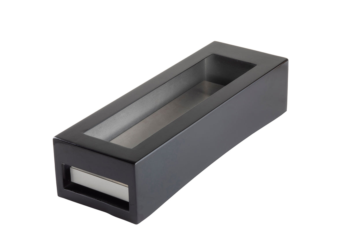 A rectangular black box with a clear window on top and an open slot on one side, displayed on a white background. The sleek, brushed finish suggests it’s ideal for use as a TableCraft Cooling Station or for stylishly displaying items.