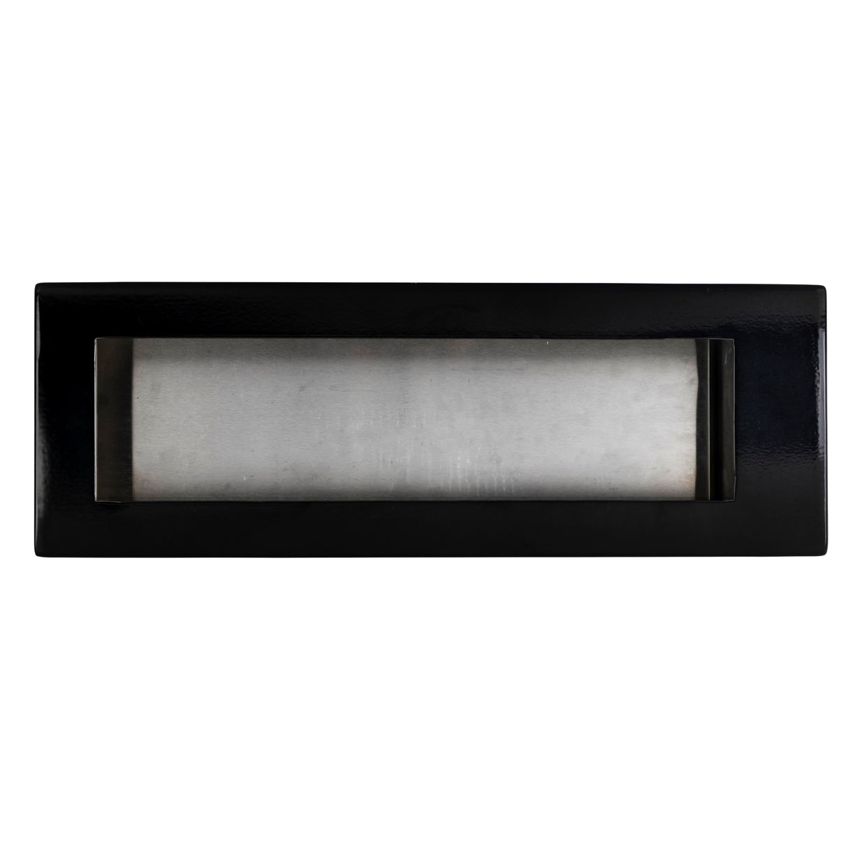 Rectangular black mail slot with a horizontal silver flap in the center, featuring a modern, simple TableCraft design and a glossy black border framing the metallic slot opening. The silver flap has a sleek brushed finish. Background is plain white.
