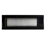 Rectangular black mail slot with a horizontal silver flap in the center, featuring a modern, simple TableCraft design and a glossy black border framing the metallic slot opening. The silver flap has a sleek brushed finish. Background is plain white.