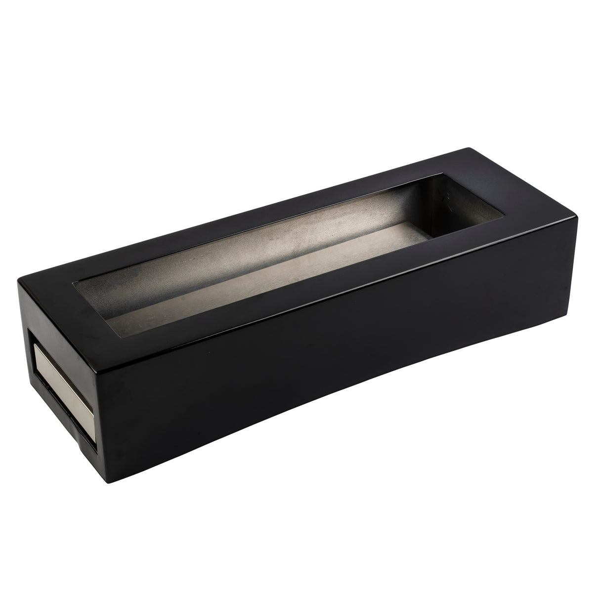A rectangular, black metal tabletop fire pit with a recessed central area for fuel. The smooth edges and brushed finish add to its modern, minimal design. A side panel provides ventilation or access, making it a stylish addition to any TableCraft Cooling Station setup.