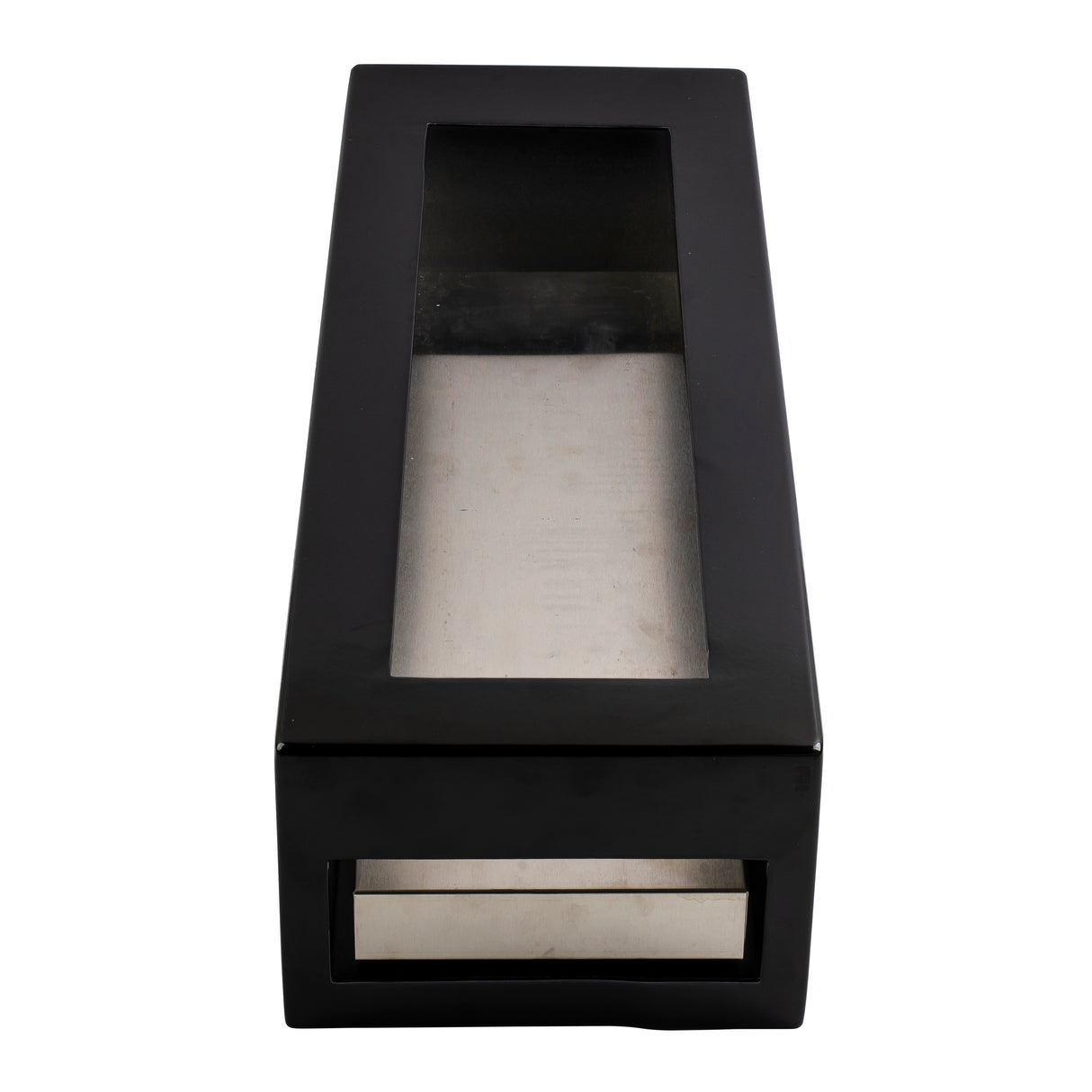 A rectangular black TableCraft box with a transparent window on top, revealing a silver metallic interior with a brushed finish. The box has smooth edges and a minimalist design, shown on a plain white background.