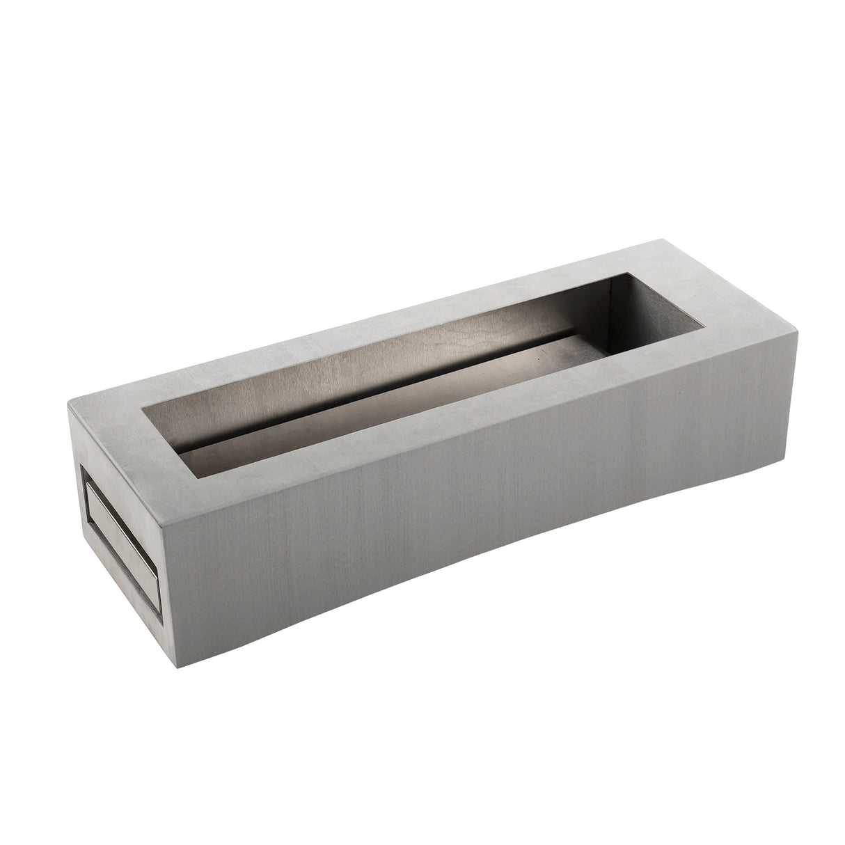 A rectangular, brushed finish metal box with a hollow center and open top, resembling a minimalist tray. The sides are solid, and one short end features a rectangular cut-out handle for a modern, industrial TableCraft Products cooling station.