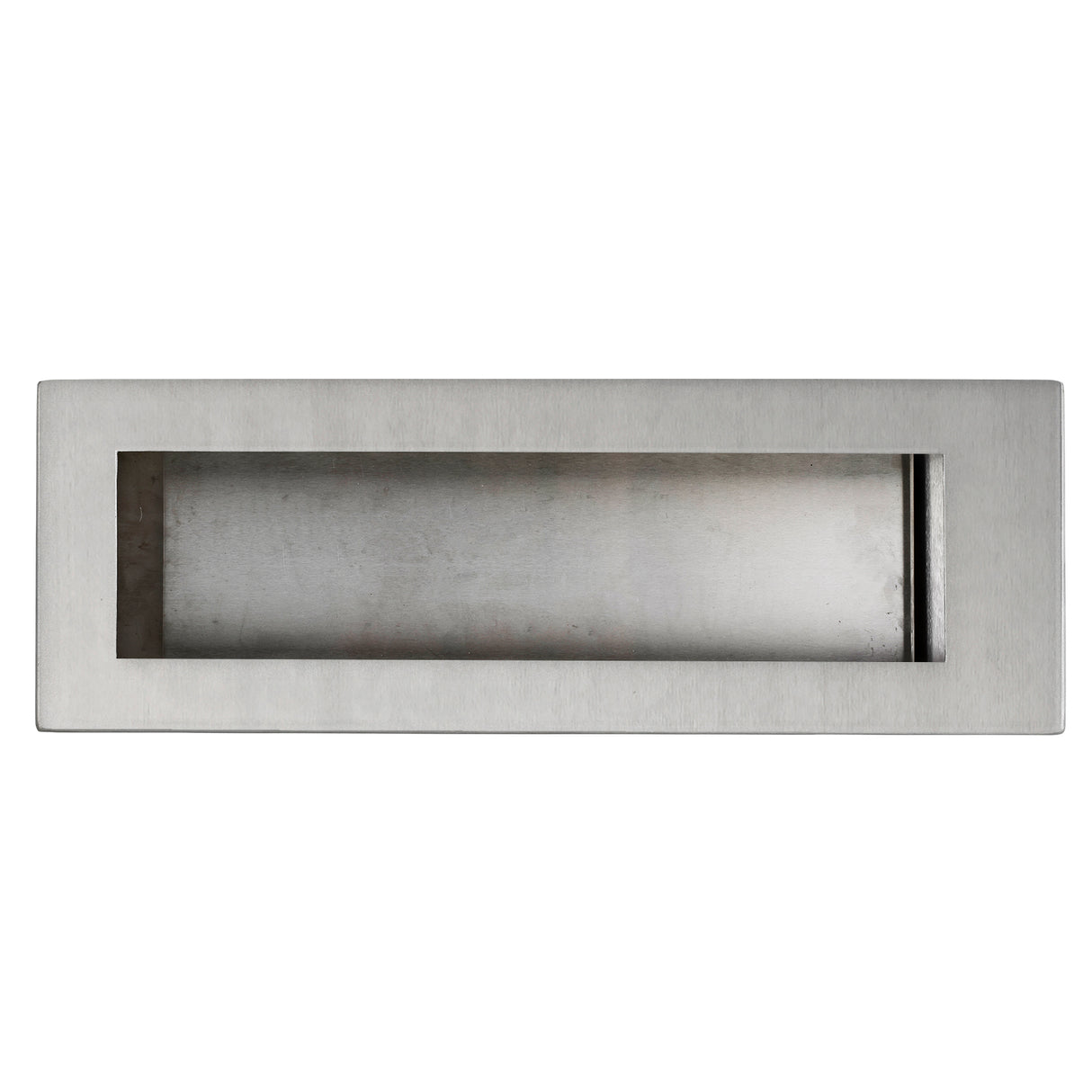 A rectangular mail slot with a brushed finish and recessed center features a straight, clean edge design. Horizontal and modern, it has a cutout along the top edge. The background is plain white, evoking the minimalism of TableCraft Products.