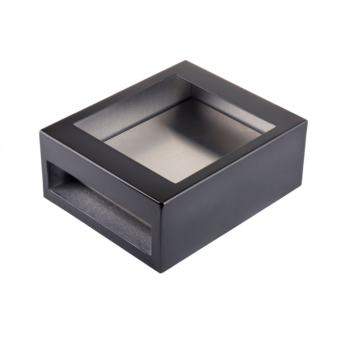 A sleek, half size rectangular black metal or plastic box with an open slot on one side and a transparent glass or plastic window on top, shown against a white background. The modern, minimalist TableCraft design appears empty.