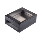 A sleek, half size rectangular black metal or plastic box with an open slot on one side and a transparent glass or plastic window on top, shown against a white background. The modern, minimalist TableCraft design appears empty.