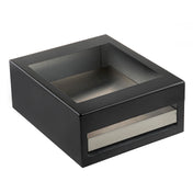 A black, half size TableCraft display box with a glass top and a metallic slide-out tray at the front. This sleek cooling station features modern edges and sits empty against a plain white background.