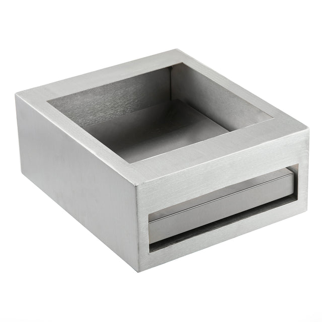 A square, half size stainless steel container with thick walls, angled inner sides, and an open top. It features a narrow horizontal slot near the bottom on one side. The brushed finish gives this TableCraft piece a modern, industrial look.