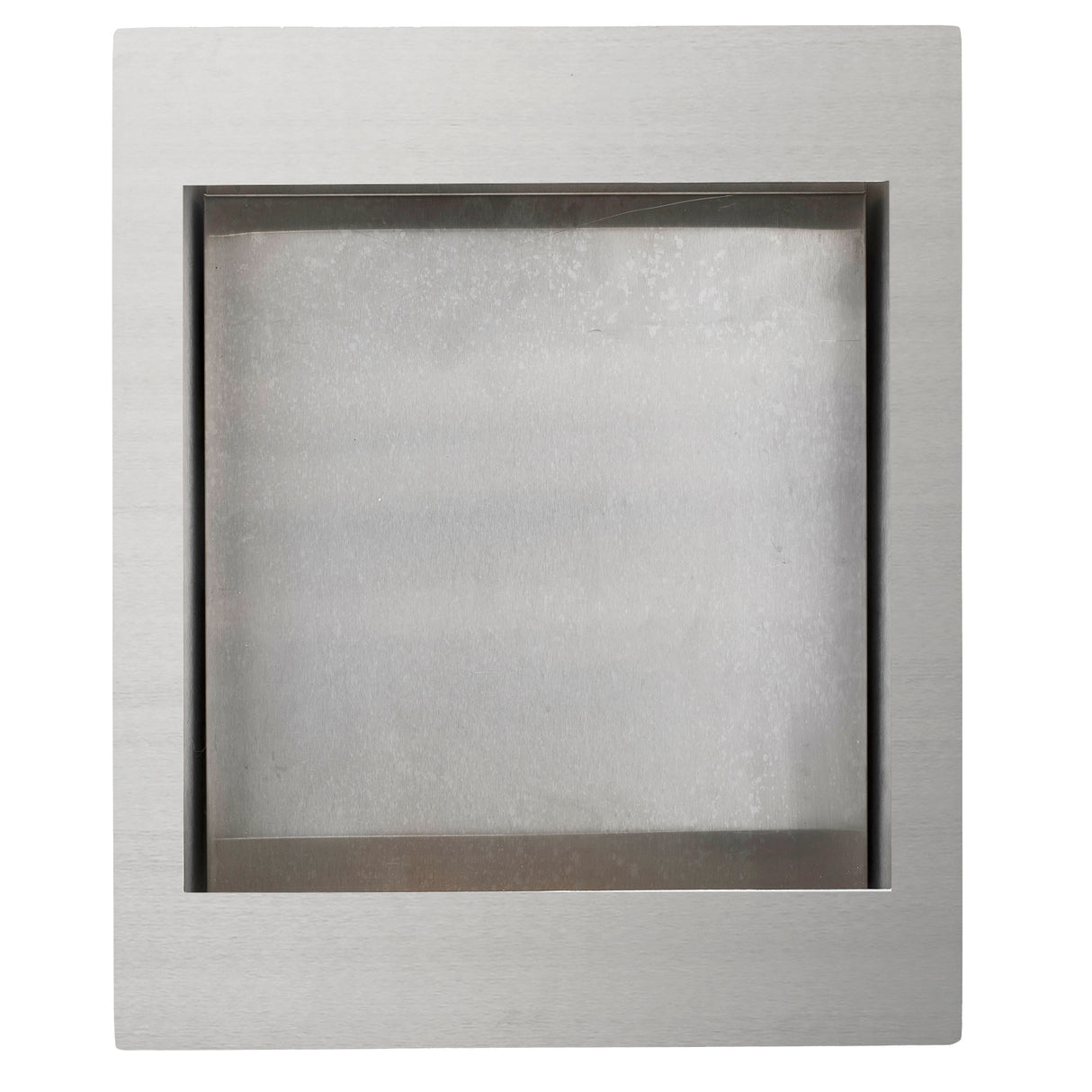 A square metallic frame with a recessed, frosted inner panel, this TableCraft piece features a brushed silver finish and clean edges. Its half size and modern, minimalist design make it ideal for a sleek cooling station setup.