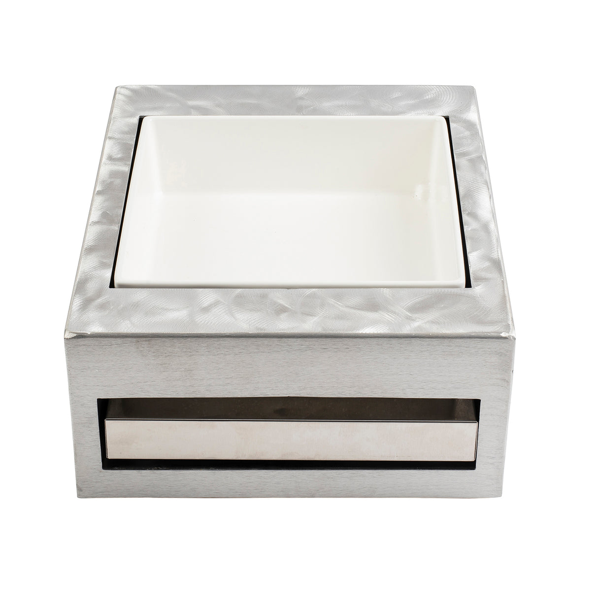A square, metallic napkin holder from TableCraft Products features a brushed silver surface and a white, removable ceramic insert. With its modern, minimalist half size design, it offers clean lines and a polished appearance.