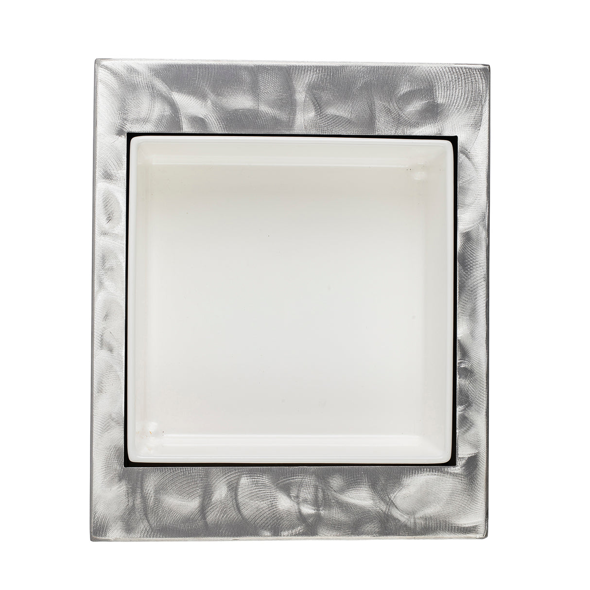 A half size, rectangular metallic plate with a brushed, swirling pattern frames a recessed, frosted white square light fixture. The clean, modern design evokes the quality of TableCraft Products' cooling station accessories.