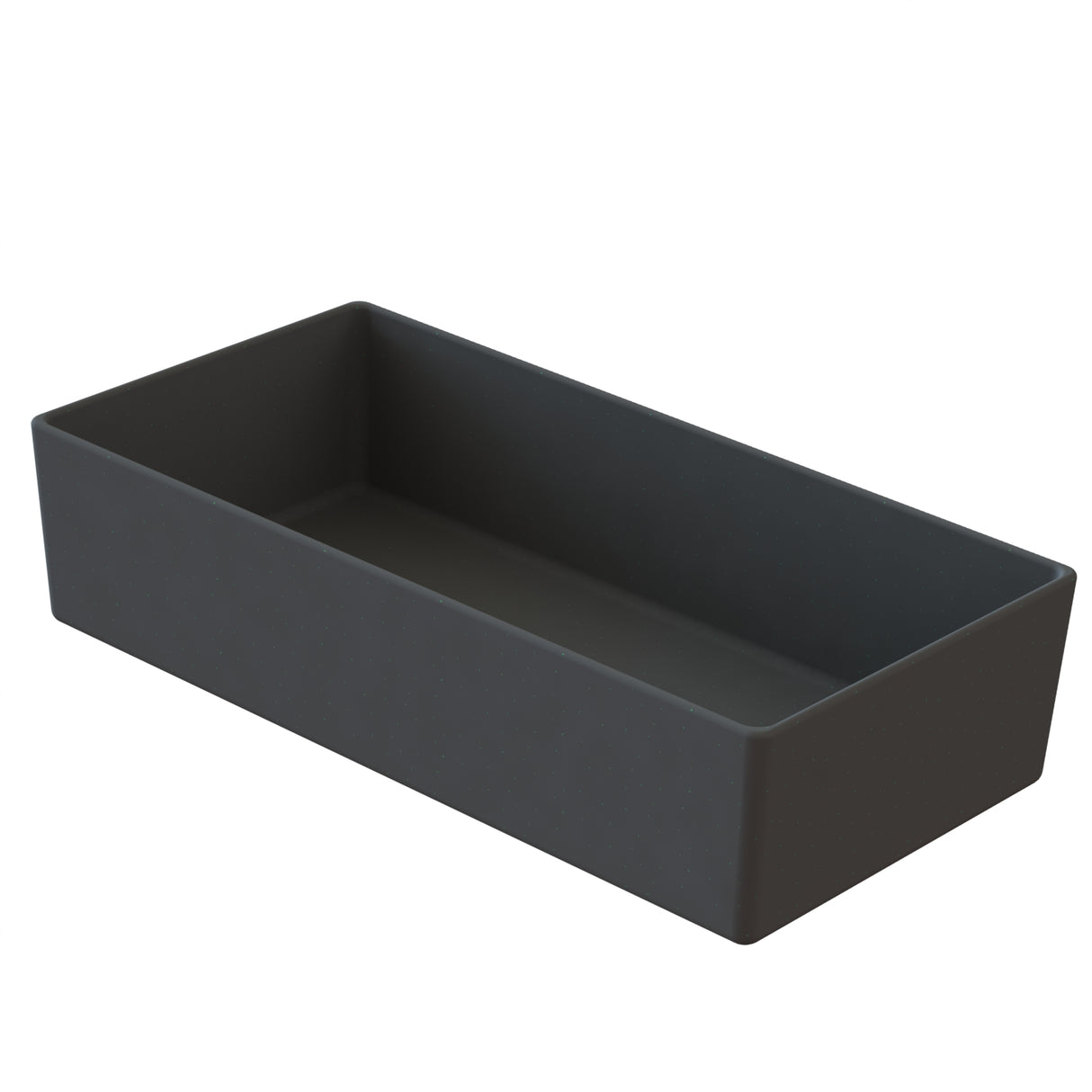 A rectangular, deep, matte black tray with straight sides and sharp corners sits on a white background. Made of durable plastic or similar material, this dishwasher safe tray is empty and ready for versatile use.