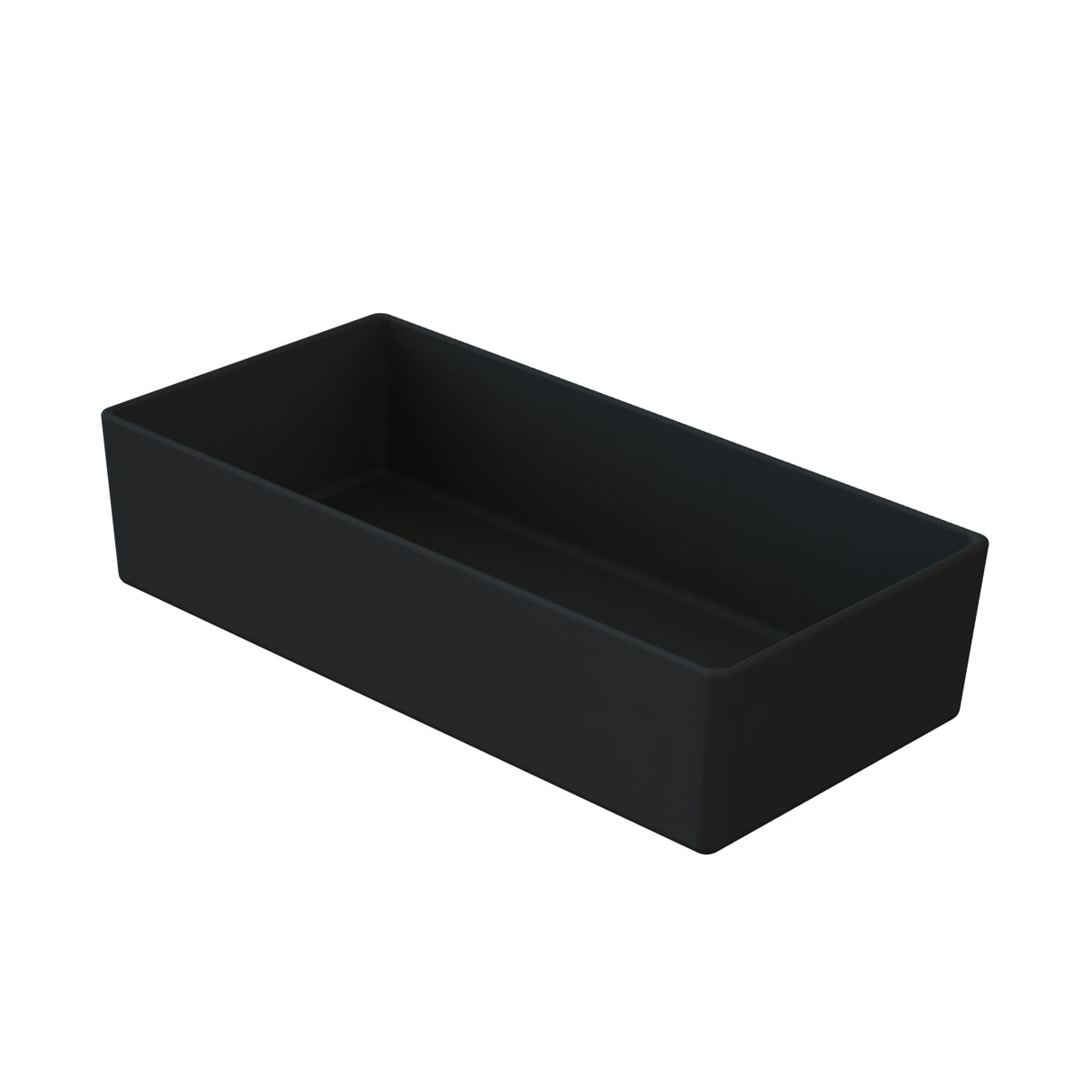 A black, rectangular, open-top cast aluminum bowl with smooth sides and sharp edges is shown at a slight angle on a white background. The container appears empty and has a minimalist, modern design.