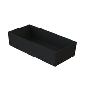 A black, rectangular, open-top cast aluminum bowl with smooth sides and sharp edges is shown at a slight angle on a white background. The container appears empty and has a minimalist, modern design.